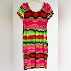 Vintage Neon Chevron Zig Zag Retro Stretch Bodycon Midi Dress